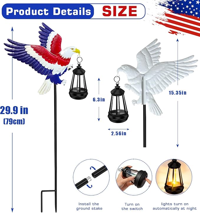 ZFNN 4th of July Decorations Outdoor Solar Lights, Solar Eagle Garden Lights with Lantern, Patriotic Eagle Stake Light for Yard Lawn Garden Patio, Patriotic Decor for Memorial Day Veterans Day 2 Pack