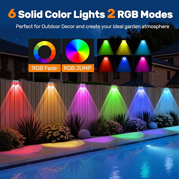 NIORSUN Solar Fence Lights,12 Pack Deck Light,Led Outdoor Lamp 3000K/6000K + RGB Wall Lights,IP45 Waterproof Solar Powered Light for Backyard/Pool/Railing/Patio/Porch/Step (White)