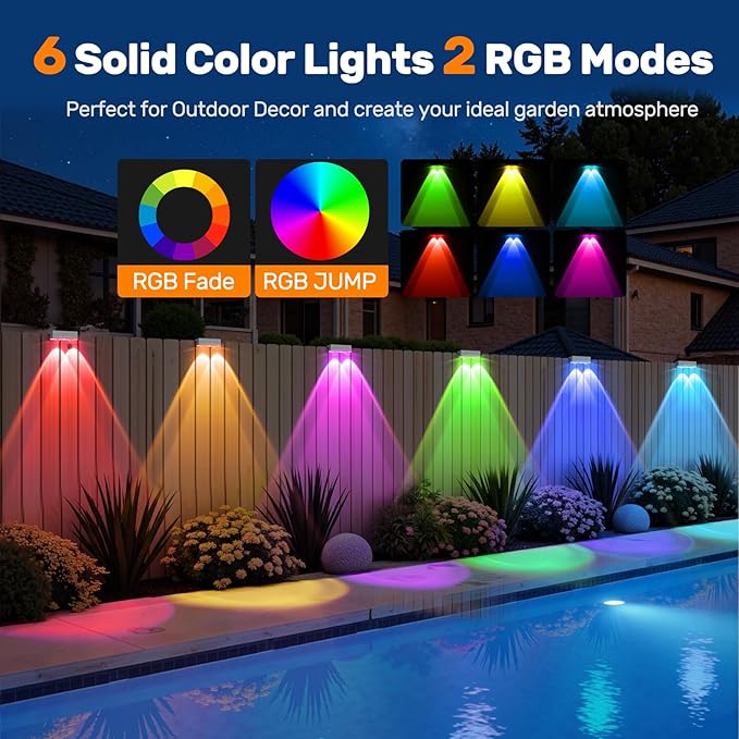 NIORSUN Solar Fence Lights,6 Pack Deck Light,Led Outdoor Lights Warm White + RGB Wall Lights Waterproof,Solar Powered Light for Backyard/Pool/Railing/Patio/Porch/Step(White)