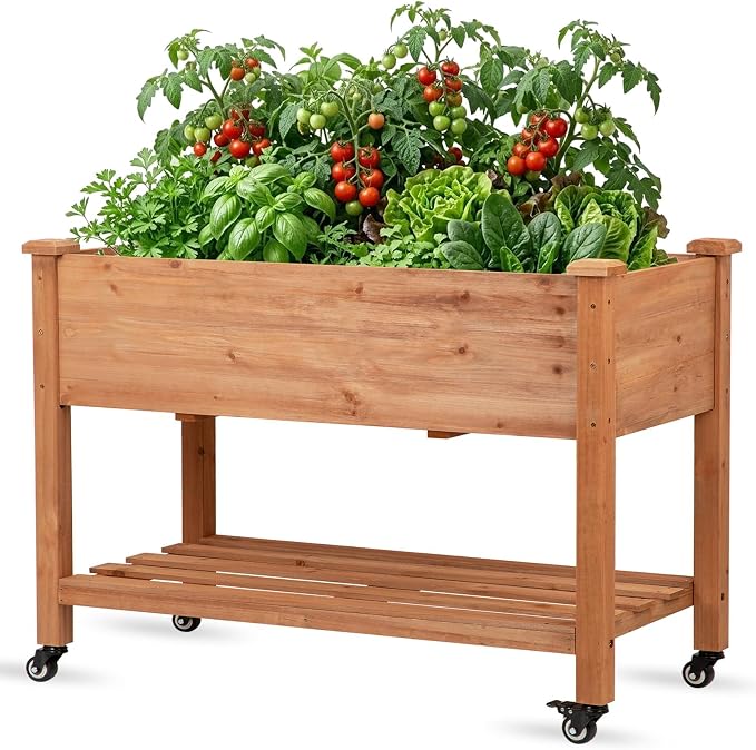 Raised Garden Bed with Lockable Wheels, 48x24x32 inch Elevated Wood Planter with Storage Shelf Protective Liner for Vegetable Flower Herb Outdoor Balcony Patio Backyard, Brown