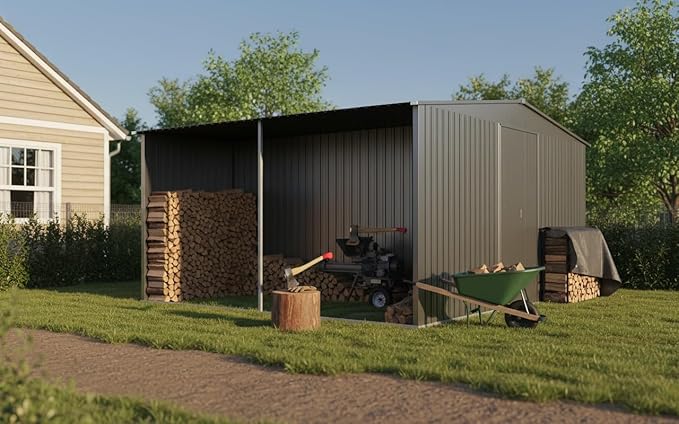 YOPTO 12x14 FT Sheds & Outdoor Storage,Metal Waterproof Firewood Shed with 2 Integrated Punched Vents,2-in-1Heavy-Duty Garden Tool House w/Window & Door,Shelter for Wood,Bicycles,Grey