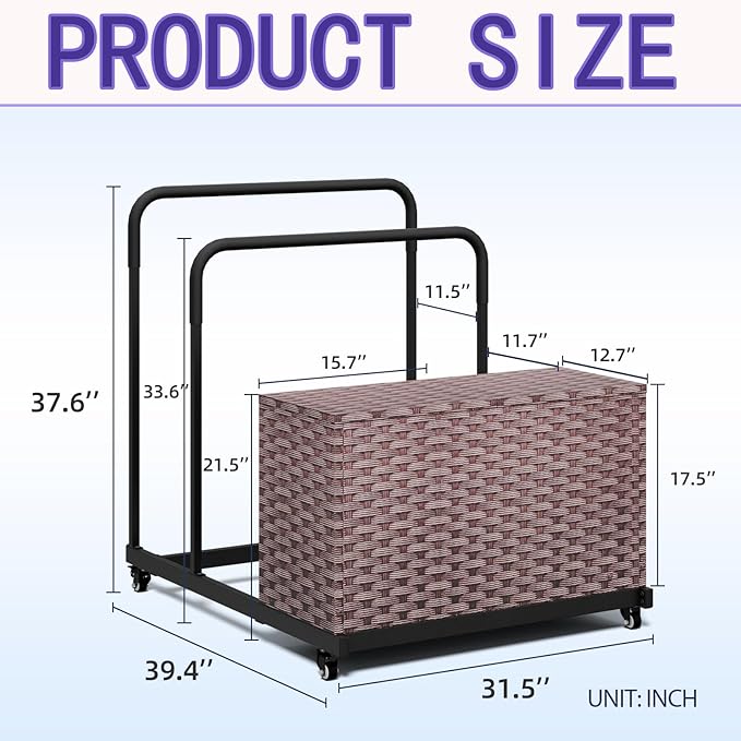 FONTOI Pool Storage, Pool Float Storage Bin with Wheels, Waterproof Metal with Rattan Pattern UV Print Outdoor Pool Towel Rack, All-Weather Float Storage Organizer for Cushions, Brown