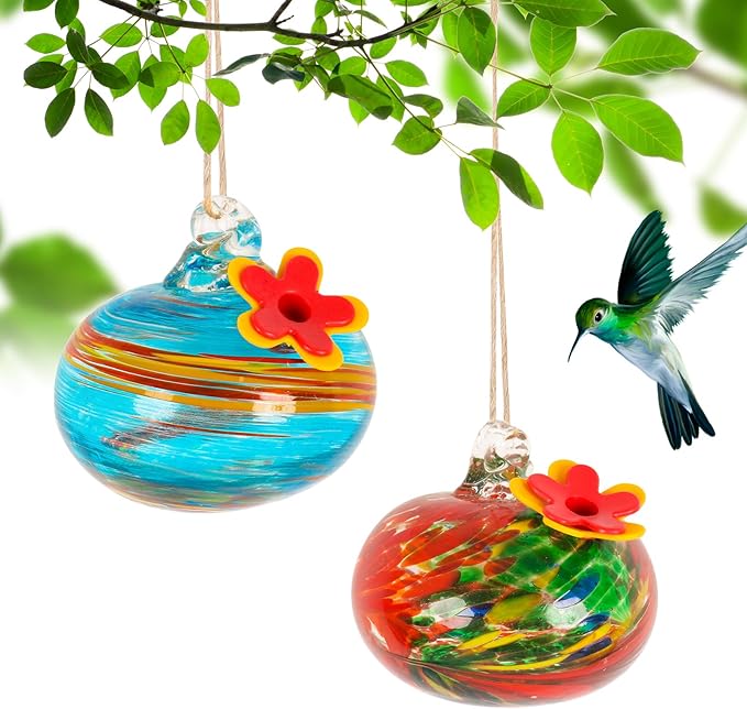 2 Pcs Blown Glass Hummingbird Feeder for Outdoors Hanging, Ant & Bee Resistant Window Bird FeederHandmade Garden Decor Gift for Women - Small Round Glass Feeders Bundle (Ellipse B2)