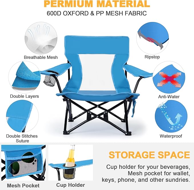 Joyfair Beach Camping Chair (2 Pack), Outdoor Folding Chair for Adults, Heavy Duty Portable Chair for Outside Fishing, Lawn, Sport, Patio, Armrest Cup Holder & Storage Pocket, Carry Bag (Blue)