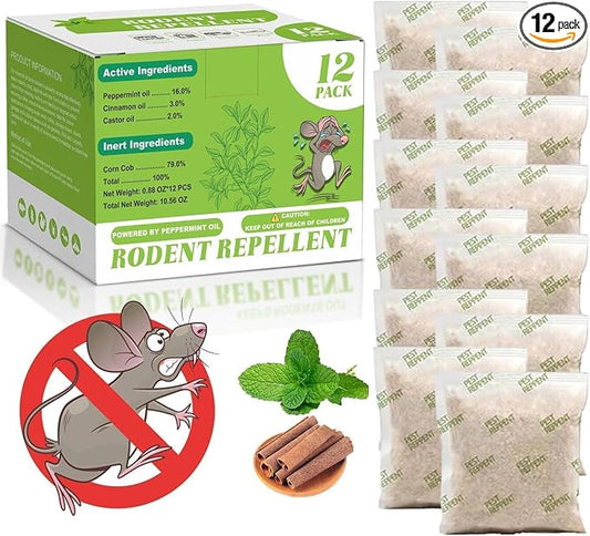 Natural Mouse Repellent Pouches 12 Pack – Peppermint Oil Rodent Repellent Indoor for Home, Garage, Car & RV – Pest Control Pouches Long Lasting Mice Deterrent, Safe for Kids & Pets