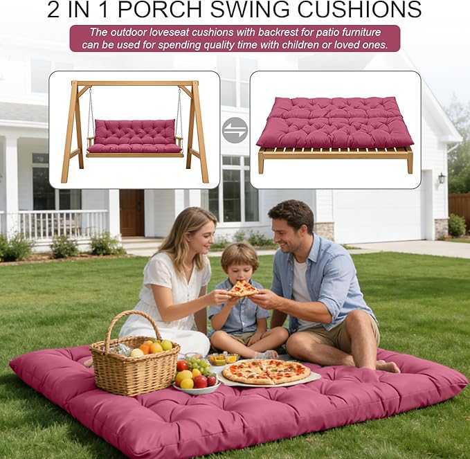 Outdoor Swing Cushions, 3 Seat Porch Swing Cushion Replacement with Backrest, for Outdoor Furniture, for Porch Garden,Patio,Backyard Bench Cushion (Wine Red 60 * 40 in)