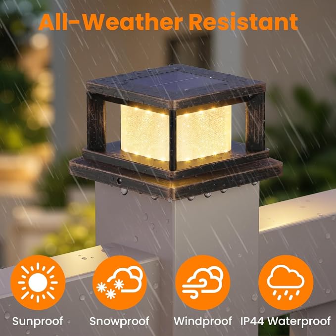 Mlambert 4 Pack Solar Post Lights Outdoor, 2 Modes LED Fence Cap Light for 4x4 Post, Waterproof Deck Light Patio Garden Decor, Warm/Cool White, Brown