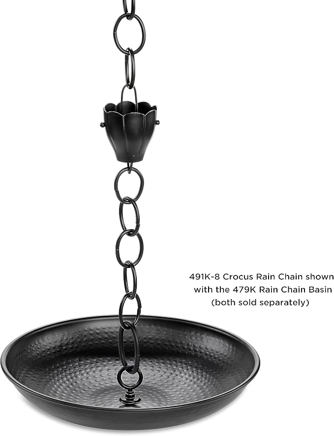 6 Cup Crocus Black Aluminum 8.5 ft. Rain Chain with Gutter Installation Clip by Good Directions