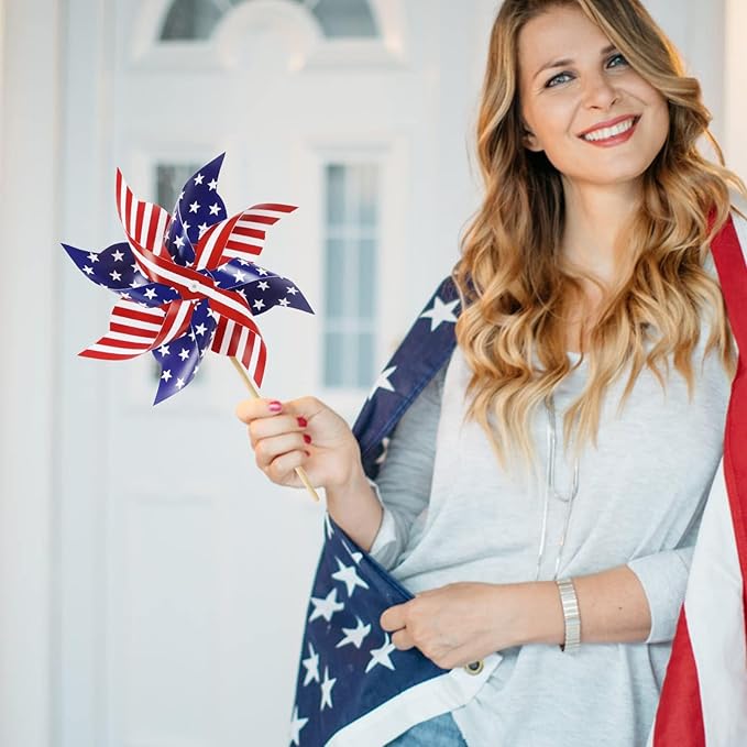 HOOSUN 4th of July Decorations,12Pcs American Flag Patriotic Pinwheels for Yard and Garden,Fourth of July Pinwheels Patriotic Memorial Day Decorations,Garden Wind Spinners,Pinwheel for Kids,Lawn,Patio