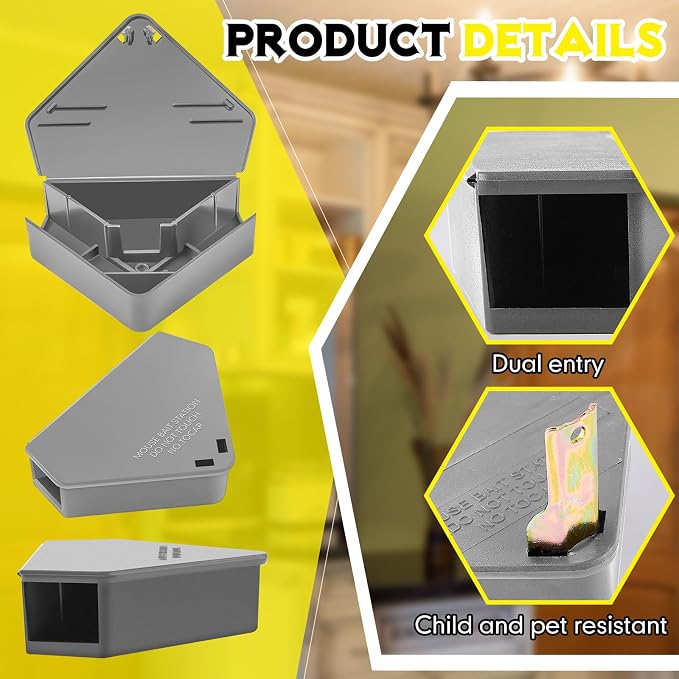 Qualirey 24 Pcs Mice Station with Key Triangle Mouse Station Lockable Reusable Bait Box, Enclosed Design for Indoor and Outdoor Use, Suitable for Small Mice (Gray)