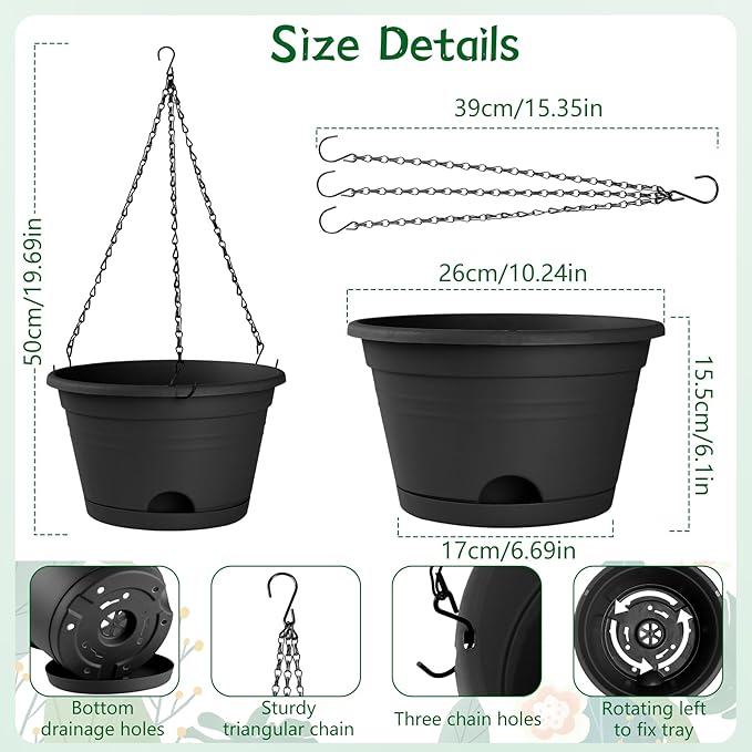 Nooulap 4 Pack Hanging Planters, 10 Inch Hanging Plant Pot with Hanger Chain & Drainage Trays, Hanging Baskets for Plants Outdoor Indoor, Flowers Pots for Home, Garden, Porch Decor (Black)