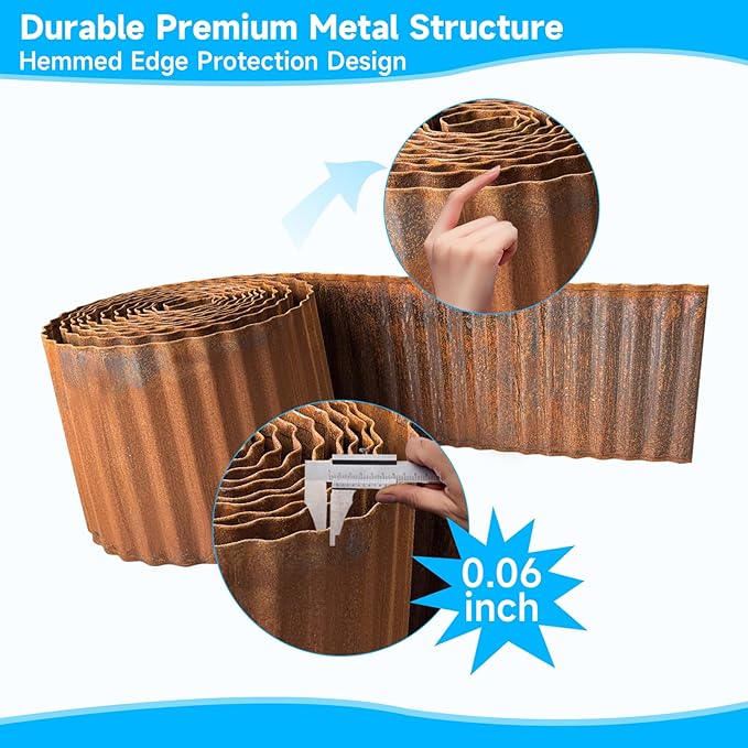 MTART Metal Garden Edging for Landscaping, Sturdy Corrugated Edging Border for DIY Flower Bed, Lawn and Landscape Edging (Rusty, 5.5"×80Ft)