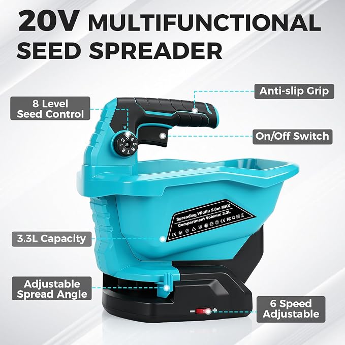 Power Seed Spreader Handheld with Battery 2X 2000mAh 20V, Cordless Grass Seed Spreader Available Year-Round, Electric Lawn Spreader for Fertilizer, Grass Seed, Salt, Ice Melt, Feed