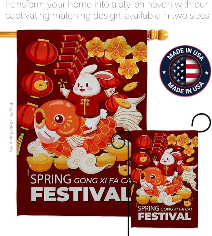 Chinese New Year Of Rabbit Indoor Decor Banner Room Wall Art Patio Porch Lawn Garden Flag Outdoor Decorations Tapestry Yard Signs Lunar New Year Gifts Spring Festival Decorations Made In USA