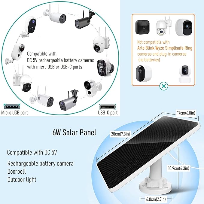 Solar Panel for Security Camera,6W Solar Panel Micro USB&USB-C,Camera Solar Panel for Outdoor Rechargeable Battery Camera,Doorbell,Light,Solar Panels with IP65 9.8ft Cable,Adjustable Bracket(1 Pack)
