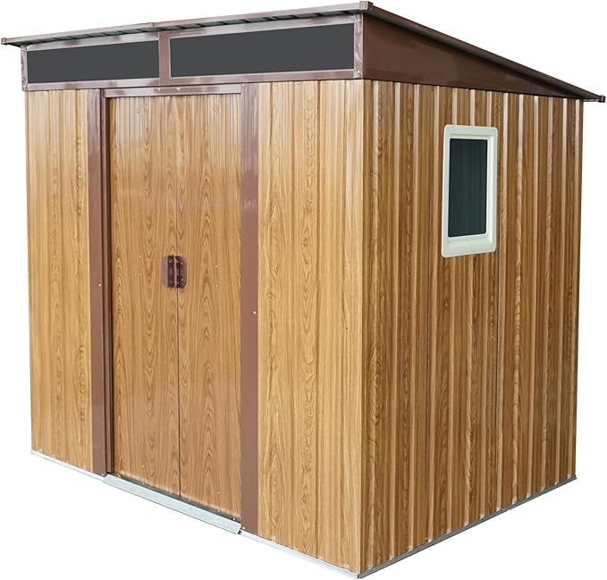 6FT x 5FT Outdoor Storage Shed, Heavy Duty Galvanized Steel Garden Shed with Sloped Roof, Sliding Lockable Doors, Punched Vents & Foundation Kit, Weather Resistant Tool Shed, Coffee with Window
