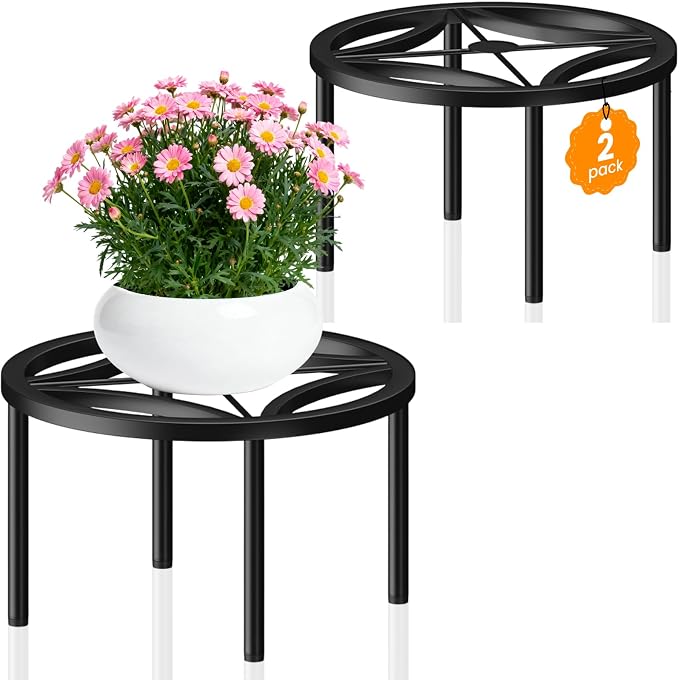 TOSKING 2-Pack Fully Assembled Heavy Duty Low Metal Plant Stand, Geometric Flower Pot Holder for Heavy Potted Plant, Rustproof Iron Plant Riser with Adjustable Feet, 200 LBS Capacity, No Installation Required,Indoor/Outdoor, Black (10.24"Dia x 5.3"H)