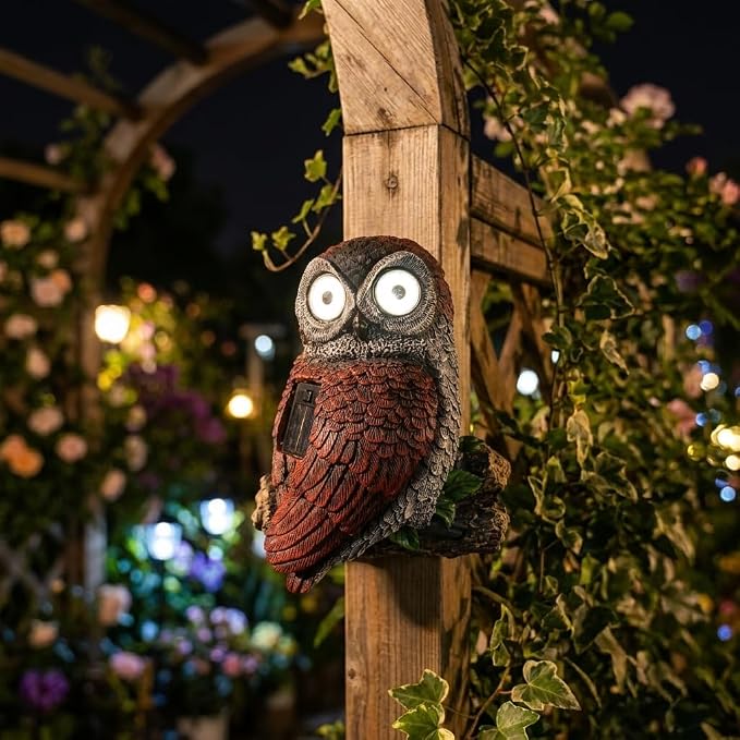 7.8" Solar Owl Garden Statue,Waterproof Owl Solar Lights with Glowing Eyes,Tree Decorations Outdoor for Yard Patio Lawn, Solar Owl Light for Night Garden Decor, Owl Garden Statue for Fence or Wall