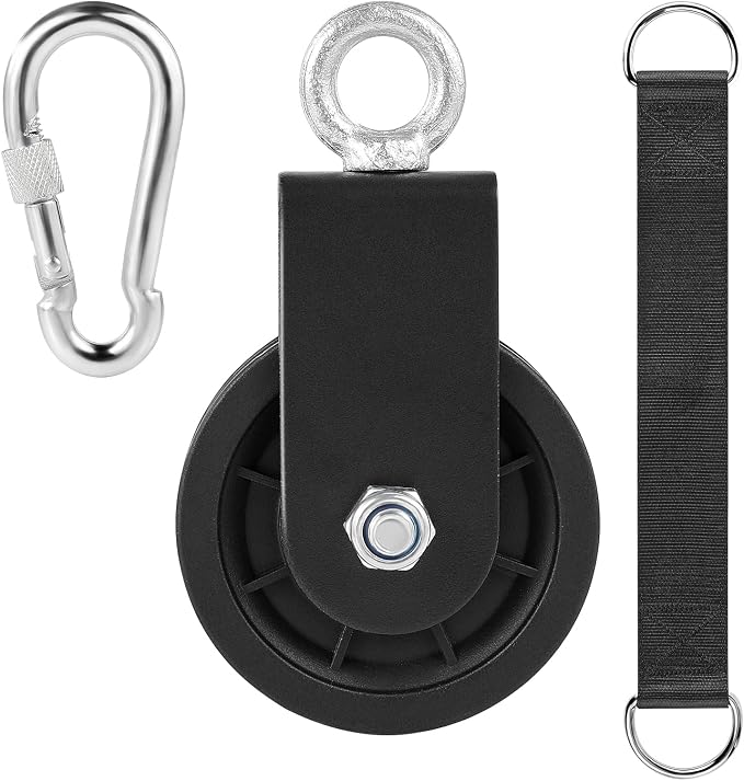 3.54 in Cable Pulley 360 Rotation Traction Wheel with Carabiner and Strap,Silence Smooth Detachable for DIY Gym Pulley System,DIY Gym Attachment Lifting Blocks,Ladder Lift,Hoists,Clothesline