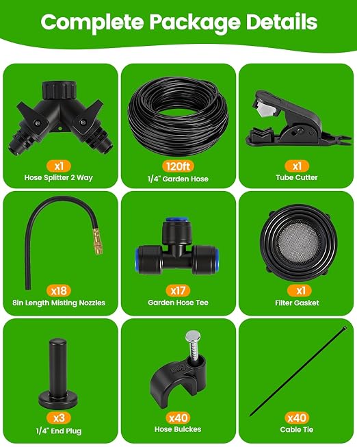 120FT Drip Irrigation System for Garden with 18 Nozzles –360° Adjustable Misting Nozzles, Quick-Connect Design, Ideal for Raised Beds, Lawns, Greenhouses & Outdoor Cooling
