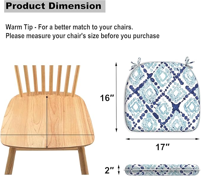DYTXIII Set of 4 Outdoor Chair Cushions with Ties,Water Repellent Patio Chair Pads 17"x 16" for Outdoor Furniture,Round Corner Seat Cushions for Garden Yard Kitchen Boho Geometry Blue
