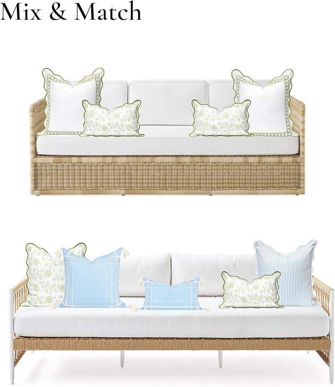 Hofdeco Premium Coastal Patio Indoor Outdoor Scalloped Lumbar Pillow Cover Only, 12"x20" Water Repellent for Backyard, Couch, Green Print Dahlia Floral