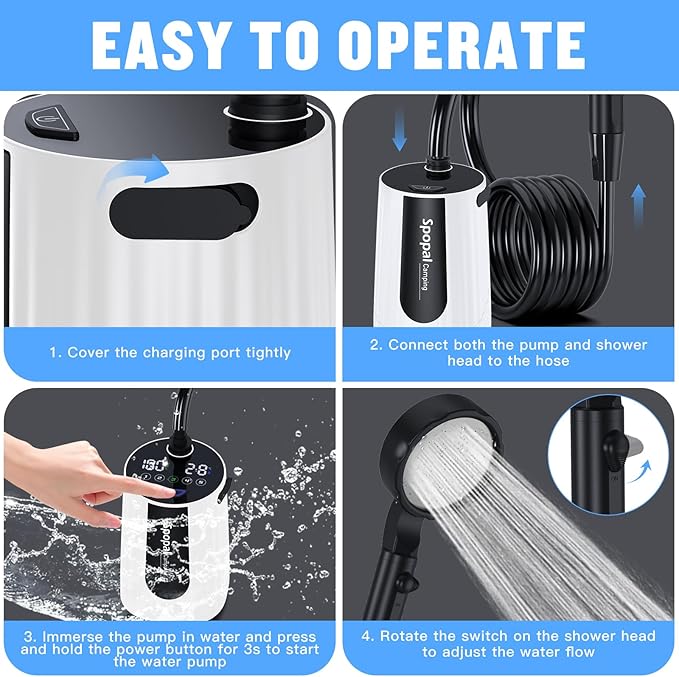 Spopal Portable Shower for Camping, [Upgraded] 10000mAh Rechargeable Camping Shower with 5 Adjustable Speeds,Premium LED Display, IPX8 Waterproof Outdoor Shower Kit for Hiking, Car, Pet, Travel