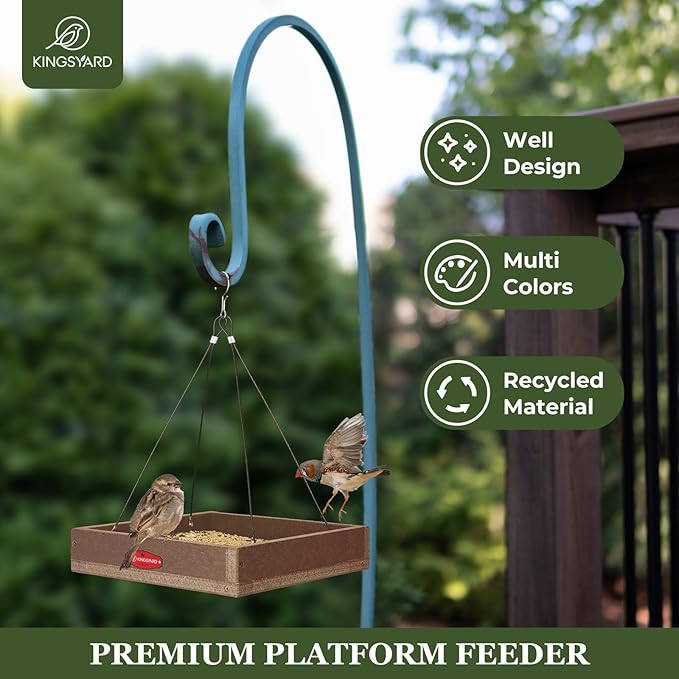 Kingsyard Platform Bird Feeder for Outdoors, Hanging Tray, 2 Pack | Recycled Poly Lumber, Weatherproof, 11x11 Tray, Holds up to 3 lbs Seeds or Mealworms, Easy Clean & Refill, Brown