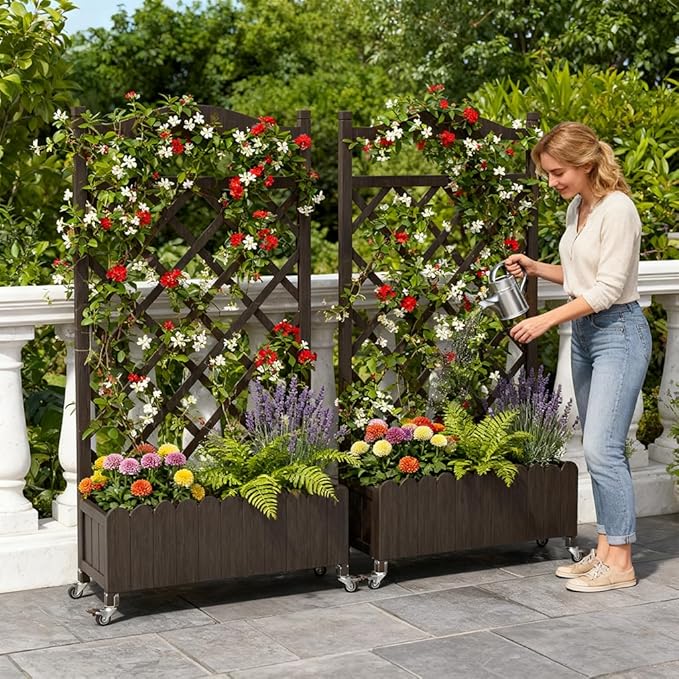 COMHOMA 2 Pack Raised Garden Bed with Trellis and Wheels,48Inch Elevated Planter Box with Drainage Holes,Lattice Privacy Screen for Climbing Plants Vegetables,Outdoor for Patio Balcony Yard,Brown