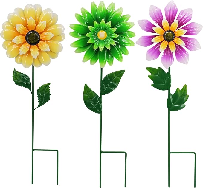 3 Pack Metal Flower Wind Spinner for Yard, 18in Outdoor Garden Stake with Retro Floral Design, Kinetic Patio Lawn Art, Weather Resistant Spring Decor