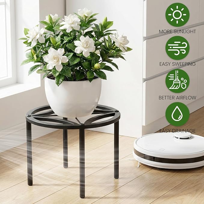 TOSKING Heavy Duty Metal Plant Stand – 120 lbs Capacity, 10.2" Modern Geometric Pattern Round Stand for Medium to Large Pots, 4 Adjustable Feet & Rustproof, Indoor/Outdoor, Black (10.2" D x 7.9" H)