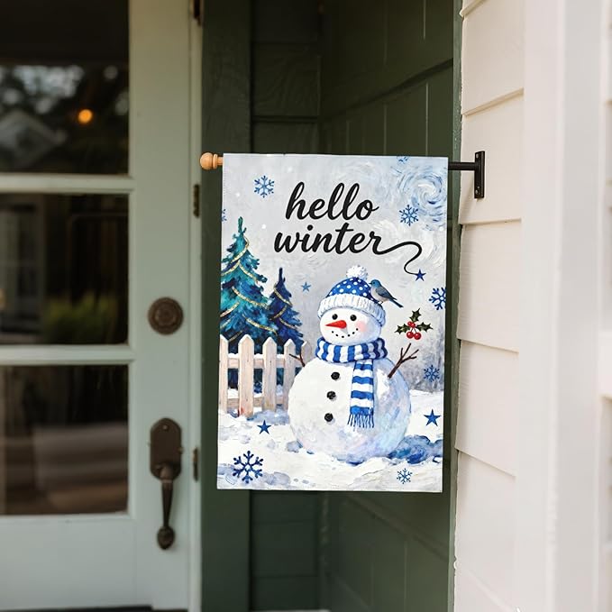 Hello Winter Snowman House Flag 28x40 Inch Snowflake January Decorative Garden Flags for Outside Double Sided Christmas Holiday Seasonal Outdoor Home Farmhouse Decoration Yard Porch New Year Decor