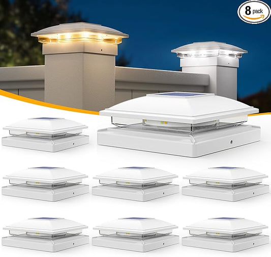 APONUO 8 Pack Solar Post Cap Lights, 2 Modes(Warm/Cool Light) Outdoor Waterproof Fence Post Solar Lights, Solar Powered Garden, Patio, Deck Decor for 4x4, 5x5, 5.5x5.5 Wood & Vinyl Posts, White