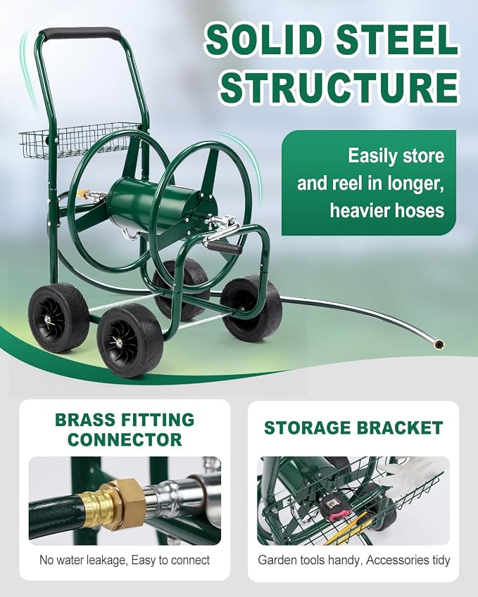 Outvita Garden Hose Reel Cart, Heavy Duty Water Hose Cart for Outside, Lawn Watering, for Garden, Yard, Lawn, Farm, Hold Up to 250 ft of 5/8’’ Hose, 4 PU Wheels, Storage Basket (Green)