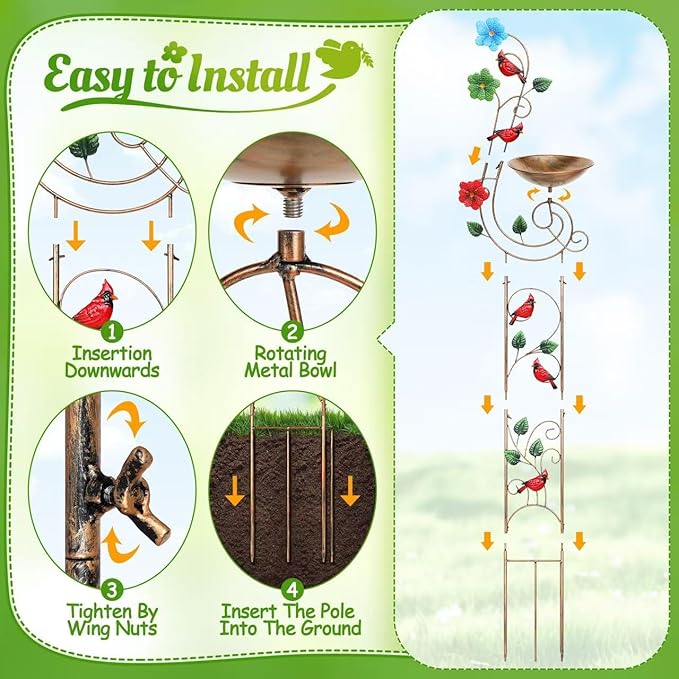 Metal Bird Bath with Trellis for Outside, 57” Height Birdbaths & Supports, Small Garden Decorative Trellises for Climbing Flowers Outdoor (Redbird)
