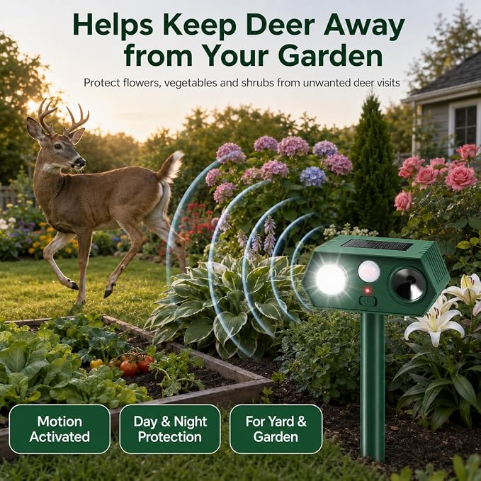 2026 Sonic Fortress Pro Deer Repellent Device Solar Ultrasonic Animal Repellent with Motion Sensor&Flash Light,Squirrel Fortress Pro Raccoon,Rabbit Repellent for Plants,Vegetables Yard 4 Pack