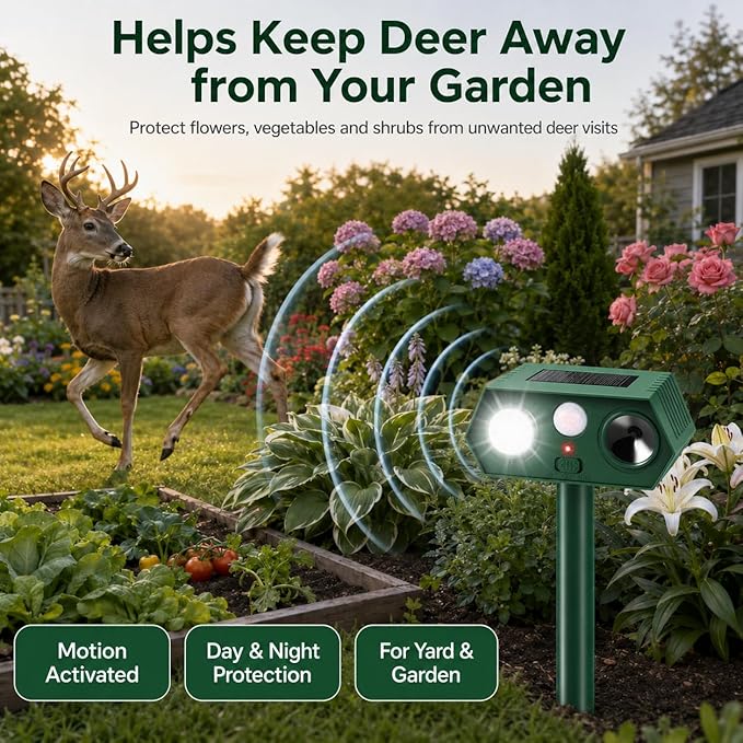 2026 Sonic Fortress Pro Deer Repellent Device for Plants,Solar Ultrasonic Animal Repellent with Motion Sensor&Flash Light,Squirrel Fortress Pro Raccoon,Rabbit Repellent for Vegetables Garden(2 Pack)