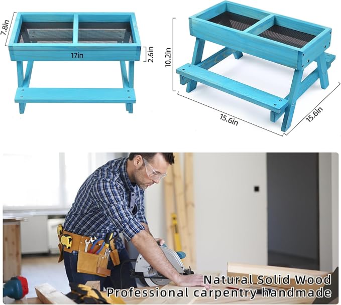 Chicken Picnic Table, Chicken Feeder No Waste Handmade Wooden, Large DIY Chicken Feeder Kit, Wild Bird, Duck & Squirrel Feeders, Mesh Bottom Keep Food Fresh and Dry Easy to Clean and Fill（Blue Paint）
