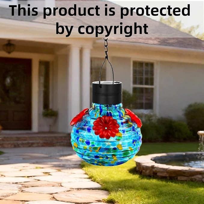 VOREEN Solar Hummingbird Feeder with Solar-Powered LED Light, Hand-Blown Glass 17 oz Hanging Outdoor Nectar Feeder, Waterproof Rust-Proof Easy-Clean Design, Eco-Friendly Garden Decor