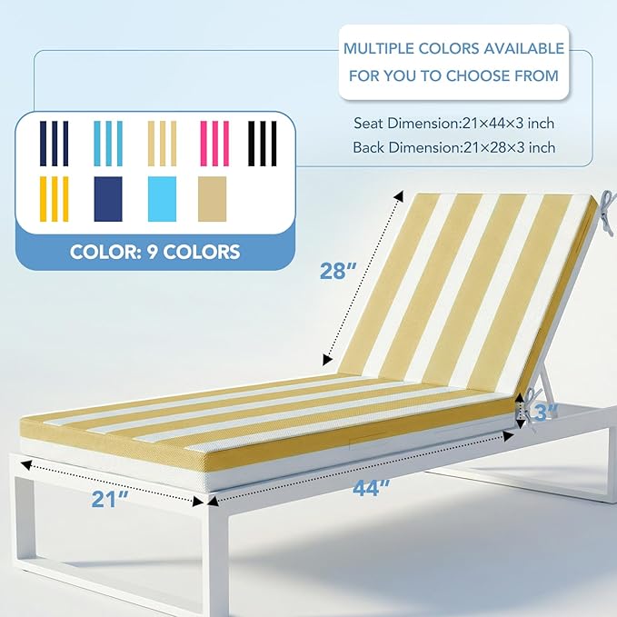 L'AGRATY Outdoor Lounge Chaise Cushion: 72x21x3 Inch Waterproof Lounge Chair Cushion for Outdoor Furniture with Fade Resistant Removable Cover - Patio Cushions for Pool Lawn Deck(Khaki White 1Pack)
