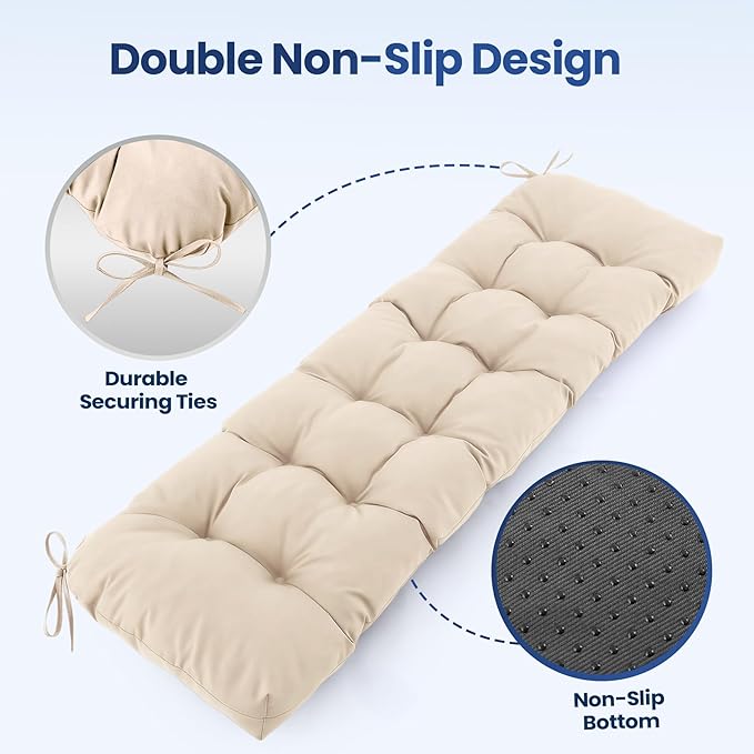 IASEAHK Outdoor Bench Cushion 48x18x5 Inch, Waterproof & Fade-Resistant Patio Furniture Cushions, Tufted Memory Foam Indoor/Outdoor Cushions for Couch Porch Swing with Non-Slip Backing & Straps, Beige