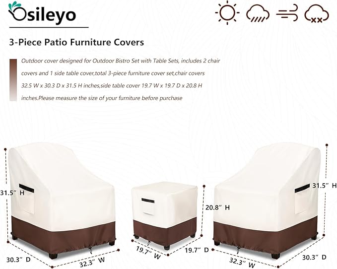 Patio Furniture Covers for 3 Piece Outdoor Bistro Sets,100% Waterproof Outdoor Furniture Cover,Includes 2 Chairs and Coffee Table Cover,Beige & Brown