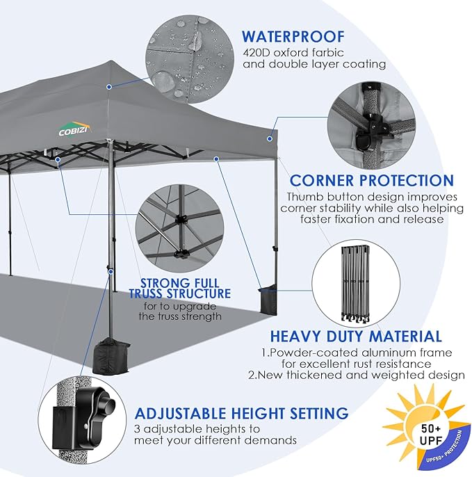 COBIZI 10x30 Pop up Carport, Heavy Duty Without Sidewalls, Easy Set-up Commercial Outdoor Party Canopy, 100% Waterproof Wedding Canopy Gazebo, 3 Height Adjustable with Wheeled Bag, Gray