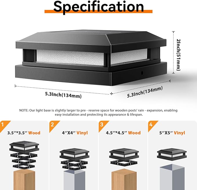 Brightever 4x4 Solar Post Cap Lights Outdoor 6 Packs, Waterproof Solar Powered Deck Post Lights for5x5 Wooden/Vinyl, Black Fence Lights with 16LEDs Warm White/Cool White for Outdoor Decoration