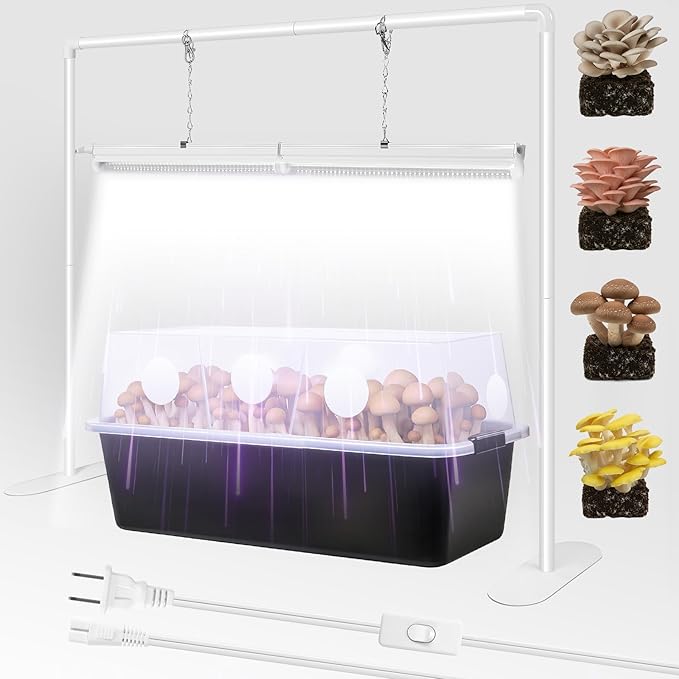 Meonum Mushroom Growing Light Stand, LED Mushroom Grow Light Dual Spectrum 6000K 5000K, 2ft White Blue Grow Lamp, for 10-50 Most Quart Monotub, Easy Assembly, Energy Efficient, Optimal for Cultivation
