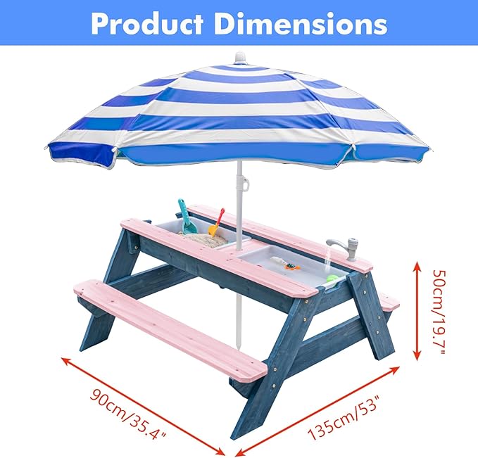 Kids 3-in-1 Sand & Water Table, Wood Outdoor Convertible Picnic Table w/Umbrella, 2 Trays, Removable Top with Faucet, Picnic Table for Outdoor Playset (Pink/Navy)