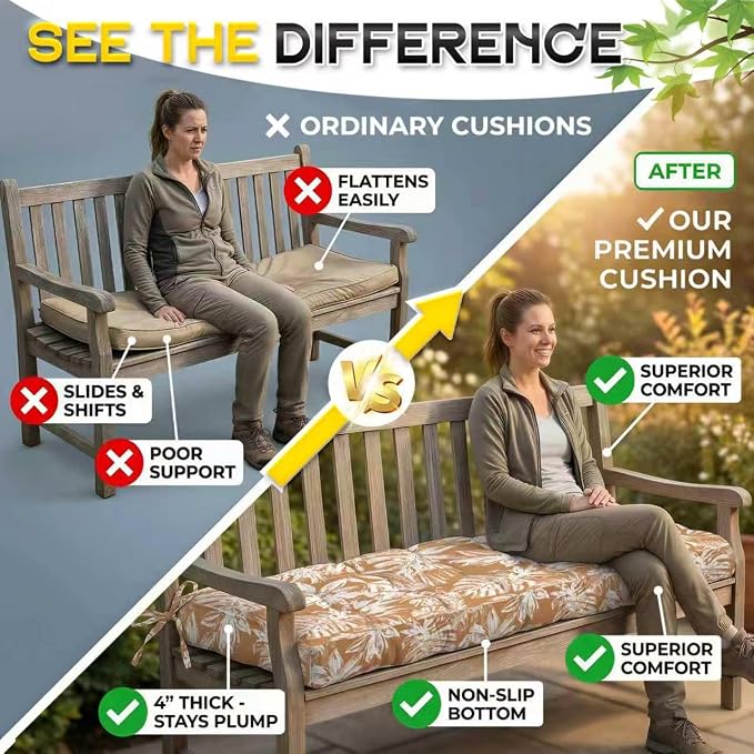 Outdoor Bench Cushion, Tufted Patio Seat Pad for Garden Bench, Porch Swing, Indoor/Outoor Furniture (Brown White Leaf, 48X18X4 inch)