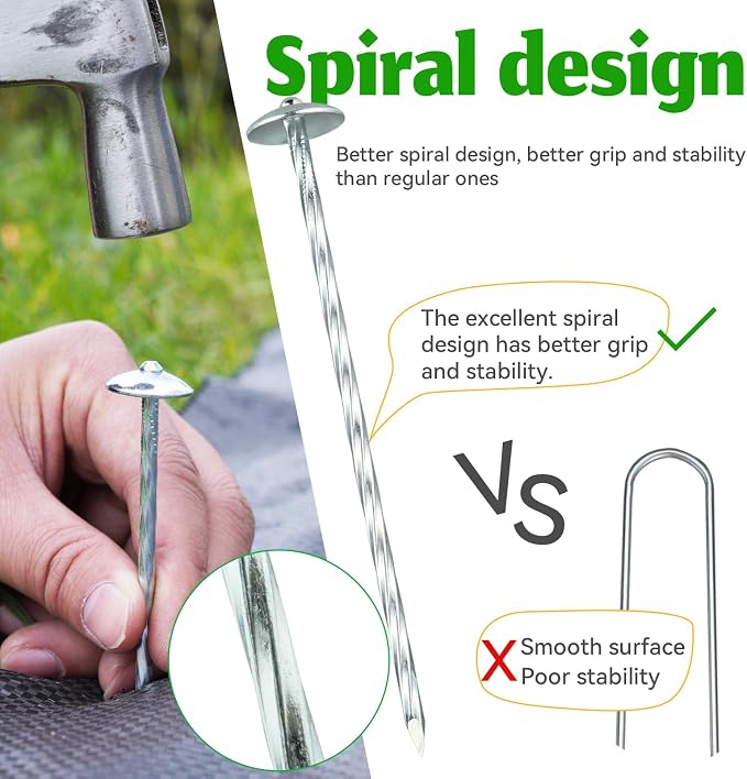 Landscape Stakes - Garden Edging Spikes Pins - New Umbrella-Type Design 5'' Galvanized Lawn Staples for Weed Barrier Fabric, Tent, Etc (200 Pack)