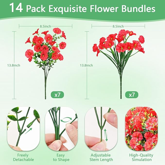 Yastouay Artificial Flowers for Outdoors, 14 Bundles Fake Outdoor Flowers, UV Resistant Artificial Plants & Flowers for Decoration, Red Realistic Morning Glory for Outdoor Porch Garden Decoration