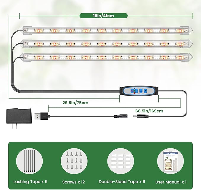 Kullsinss LED Grow Light Strip, 180 LEDs Grow Lights for Indoor Plants Full Spectrum 3000K/6000K/660nm Sunlike Plant Light for Indoor Growing with 3 Spectrum Modes, 16 Inches